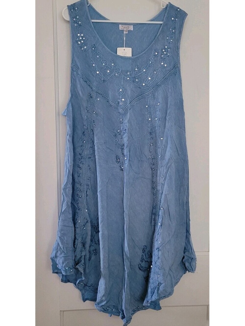Tamsy Boho Sundress Blue Embroidered Sequin Flowy Dress Plus One Size NWT Fairy